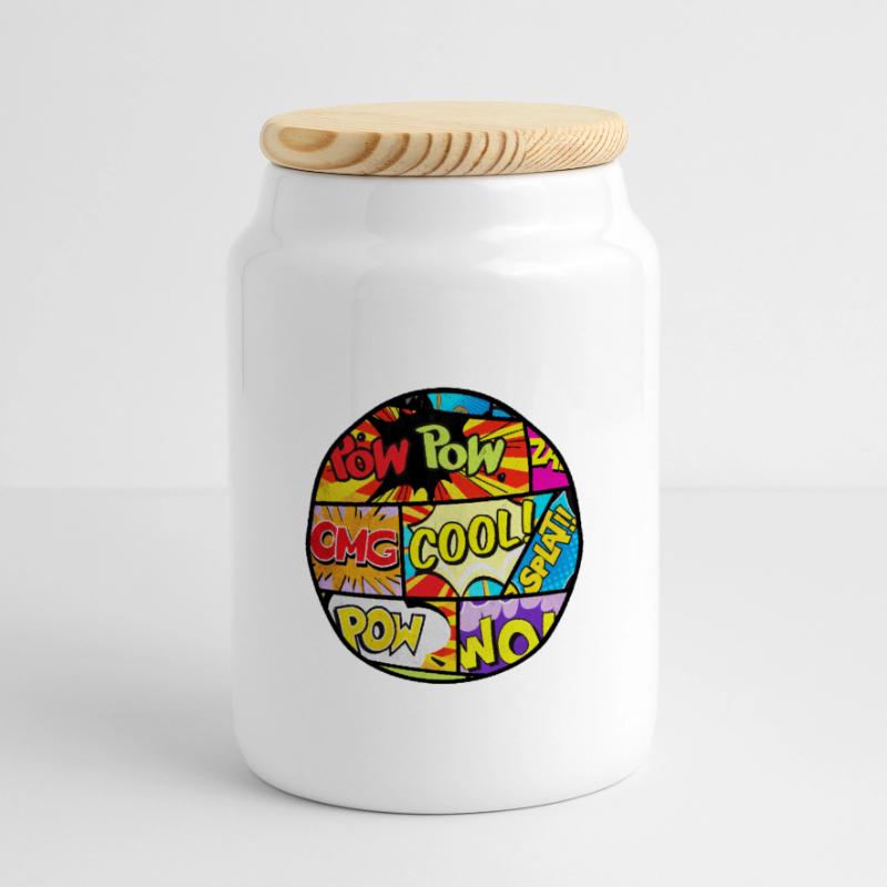 Comic style Panoramic Cookie Jar with Wooden Lid