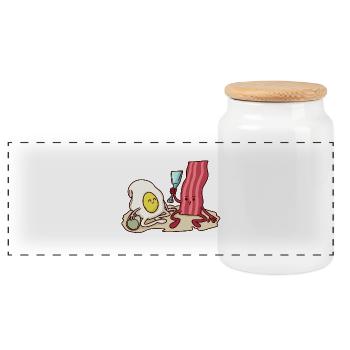 Bacon and egg are playing in the sandbox - Panoramic Cookie Jar with Wooden Lid - white - Front
