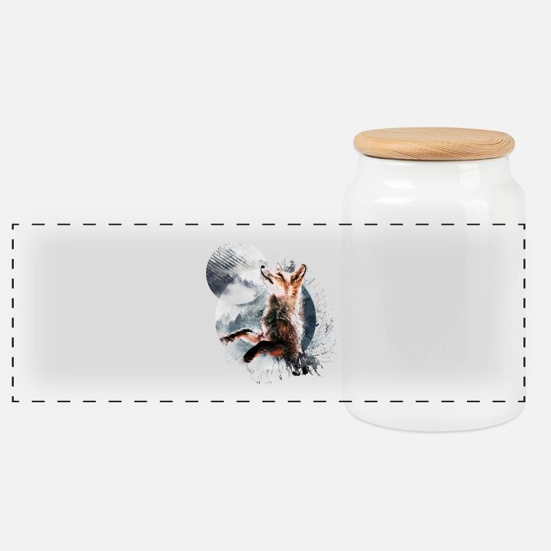 Fox in the moonlight - Panoramic Cookie Jar with Wooden Lid - white