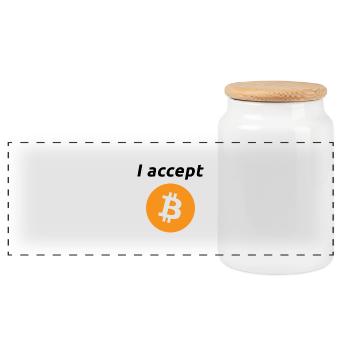 I accept Bitcoins (black font) - Panoramic Cookie Jar with Wooden Lid - white - Front