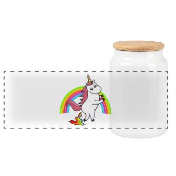 Kackendes Einhorn Regenbogen - Panorama Keksdose mit Holzdeckel - Weiß - Vorne