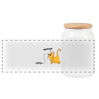 Cat catches computer mouse gift kitten - Panoramic Cookie Jar with Wooden Lid - white - Front