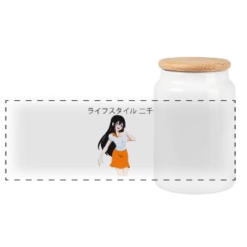 Anime girl 01 Text "Lifestyle2000" auf Japanisch - Panorama Keksdose mit Holzdeckel - Weiß - Vorne
