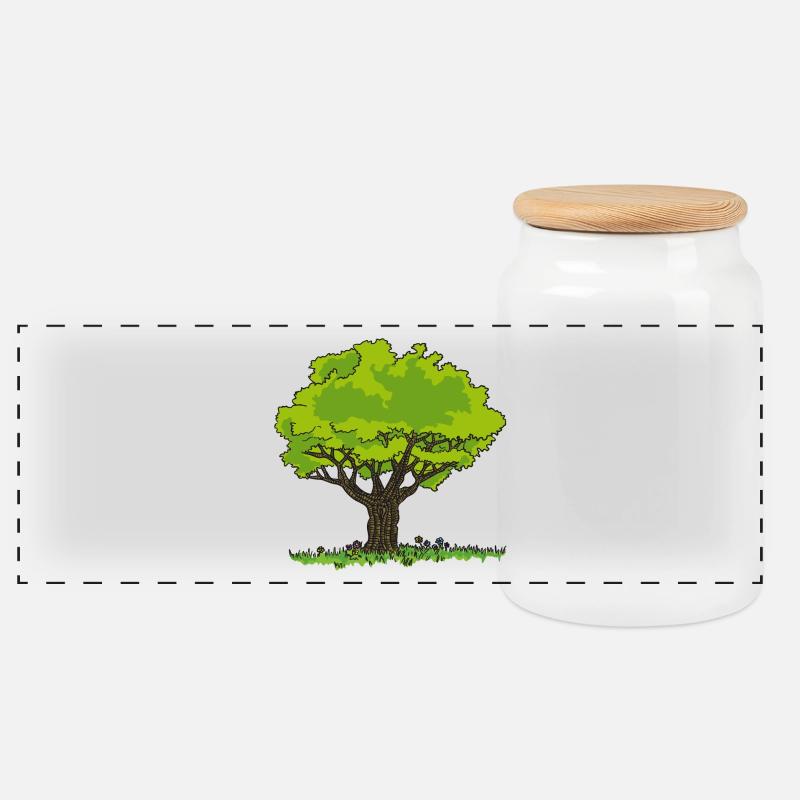 Dessin arbre pré et fleurs - Boîte à biscuits avec couvercle en bois - blanc