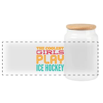 The Coolest GIRLS Play ICE HOCKEY - Gift - Panoramic Cookie Jar with Wooden Lid - white - Front