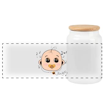 Baby with pacifier headphones music gift - Panoramic Cookie Jar with Wooden Lid - white - Front