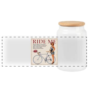 Ride Me - ride a bicycle - Panoramic Cookie Jar with Wooden Lid - white - Front