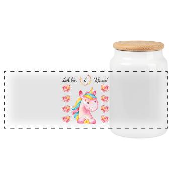 Schulanfang Einhorn Unicorn 1.Klasse Mädchen - Panorama Keksdose mit Holzdeckel - Weiß - Vorne