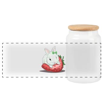 Sweet hare on strawberry - Panoramic Cookie Jar with Wooden Lid - white - Front