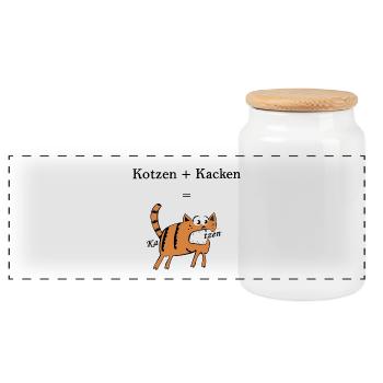 Kotzen+Kacken=Katzen. Lustige Geschenkidee - Panorama Keksdose mit Holzdeckel - Weiß - Vorne