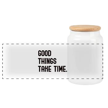Good Things Take Time - Schriftzug - Panorama Keksdose mit Holzdeckel - Weiß - Vorne