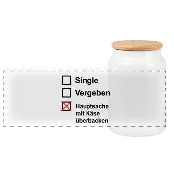 Single Vergeben Hauptsache mit Käse überbacken - Panorama Keksdose mit Holzdeckel - Weiß - Vorne