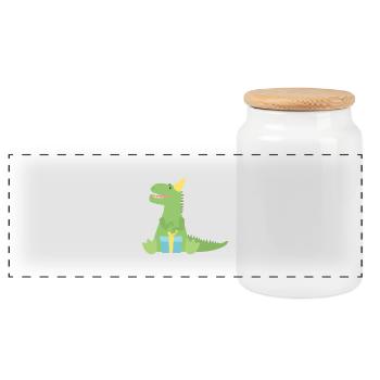 T Rex Birthday Gift - Panoramic Cookie Jar with Wooden Lid - white - Front