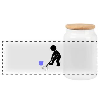 Cleaning cleaning man wiping - Panoramic Cookie Jar with Wooden Lid - white - Front