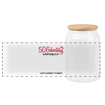 50 Geburtstag Gästebuch Deko Geschenk - Panorama Keksdose mit Holzdeckel - Weiß - Vorne