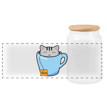 Tasse de thé chat - Boîte à biscuits avec couvercle en bois - blanc - Devant