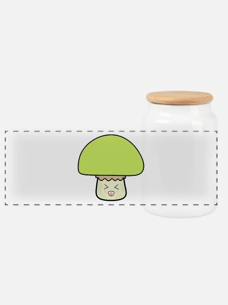 Mushroom green cute with face - Panoramic Cookie Jar with Wooden Lid - white