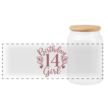 14th Birthday Girl, 14 Years Old Gift For Kids - Panoramic Cookie Jar with Wooden Lid - white - Front