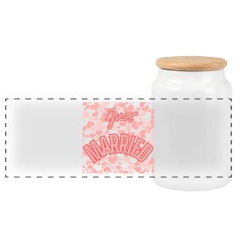 JUST MARRIED. bachelorette party. SAINT VALENTINE. COUPLE - Panoramic Cookie Jar with Wooden Lid - white - Front