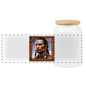Native American Tribesman - Panoramic Cookie Jar with Wooden Lid - white - Front
