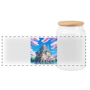 Japanese Castle surrounded by Cherry Blossom Trees - Panoramic Cookie Jar with Wooden Lid - white - Front