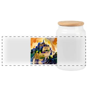 Mont Saint Michel - Watercolor - Panoramic Cookie Jar with Wooden Lid - white - Front