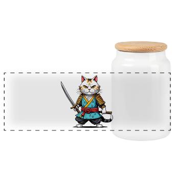 Samurai cat - Panoramic Cookie Jar with Wooden Lid - white - Front