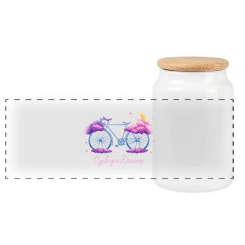 “Cycle Your Dreams” Cloud Bicycle Design with Moon - Panoramic Cookie Jar with Wooden Lid - white - Front