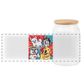 Playtime - Golden Retriever , Husky , Pomeranian - Panoramic Cookie Jar with Wooden Lid - white - Front