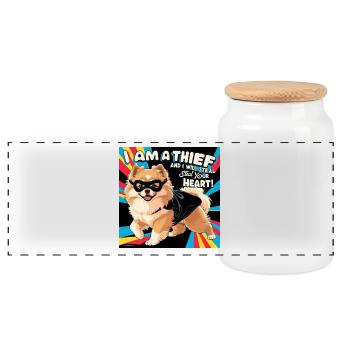 Comicstyle Pomeranian Dog "I am a thief" - Panorama Keksdose mit Holzdeckel - Weiß - Vorne
