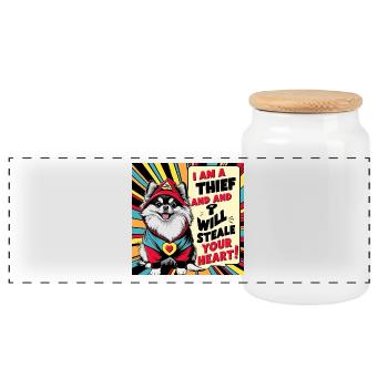 Pomeranian Dog "I am a thief" - Panoramic Cookie Jar with Wooden Lid - white - Front