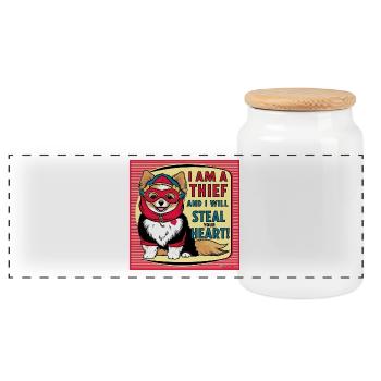 Pomeranian Dog "I am a thief" - Panoramic Cookie Jar with Wooden Lid - white - Front