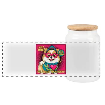 Comicstyle Pomeranian Dog "I am a thief" - Panorama Keksdose mit Holzdeckel - Weiß - Vorne