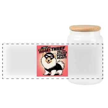 Comicstyle Pomeranian Dog "I am a thief" - Panorama Keksdose mit Holzdeckel - Weiß - Vorne