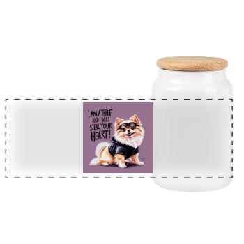 Pomeranian Dog "I am a thief" - Panoramic Cookie Jar with Wooden Lid - white - Front