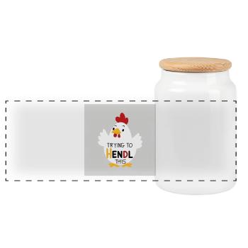 Lustiges Huhn "Trying to hendl this" - Panorama Keksdose mit Holzdeckel - Weiß - Vorne