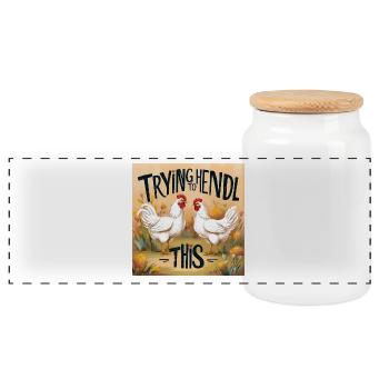 Chickens "Trying to Hendl this" - Panoramic Cookie Jar with Wooden Lid - white - Front