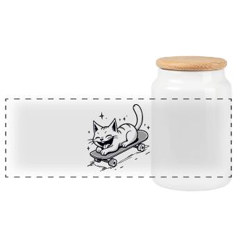 Skateur Skateur Chat Skateboard Patinage - Boîte à biscuits avec couvercle en bois - blanc - Devant