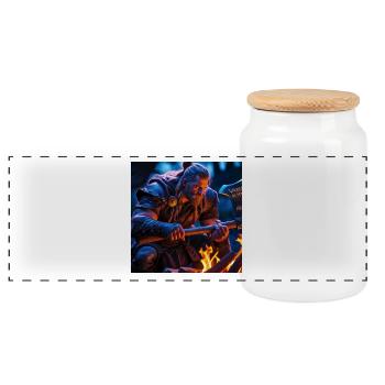 Fantasy Wikinger mit einer Axt - Panorama Keksdose mit Holzdeckel - Weiß - Vorne