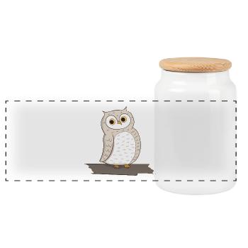 Bird Owl - Panoramic Cookie Jar with Wooden Lid - white - Front