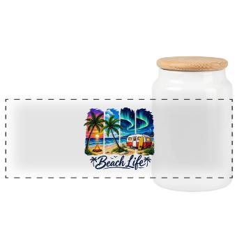Vie à la plage : Coucher de soleil et camper - Boîte à biscuits avec couvercle en bois - blanc - Devant
