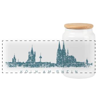 Köln am Rhein Kölner Skyline (Vintage Blau) - Panorama Keksdose mit Holzdeckel - Weiß - Vorne