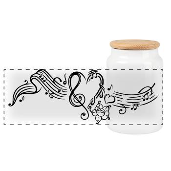 Sheet music with music notes, clef and flowers - Panoramic Cookie Jar with Wooden Lid - white - Front