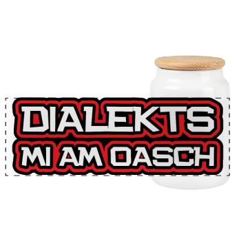Dialekts mi am Oasch, bayrisch, österreichisch - Panorama Keksdose mit Holzdeckel - Weiß - Vorne