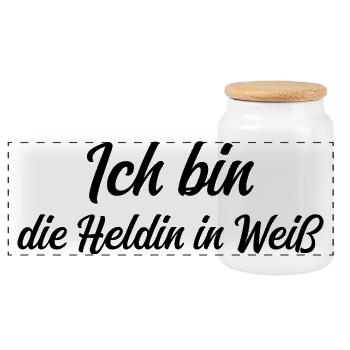 I'm the heroine in white - Panoramic Cookie Jar with Wooden Lid - white - Front