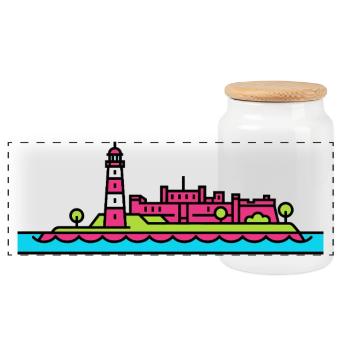 Plymouth City Skyline Smeaton's Tower Line Art - Panoramic Cookie Jar with Wooden Lid - white - Front