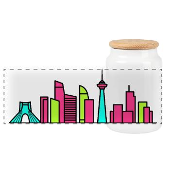 Tehran City Skyline Azadi Tower Modern Art - Panoramic Cookie Jar with Wooden Lid - white - Front