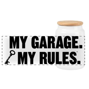 my garage my rules - Panorama Keksdose mit Holzdeckel - Weiß - Vorne