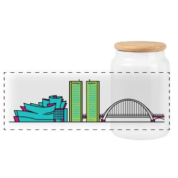 Bilbao City Skyline Guggenheim Modern Line Art - Panoramic Cookie Jar with Wooden Lid - white - Front