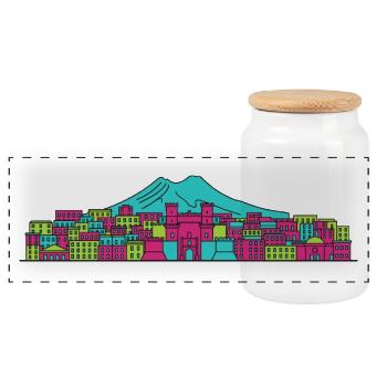 Naples City Skyline Mount Vesuvius Line Art - Panoramic Cookie Jar with Wooden Lid - white - Front